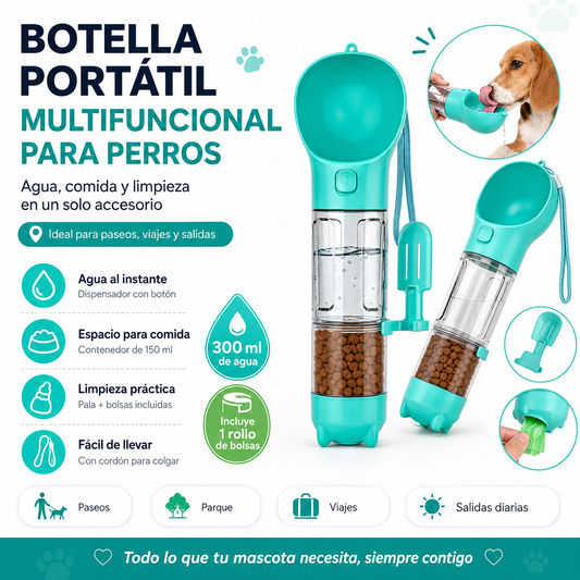 Botella Portátil 4 En 1 Multifuncional Para Mascotas